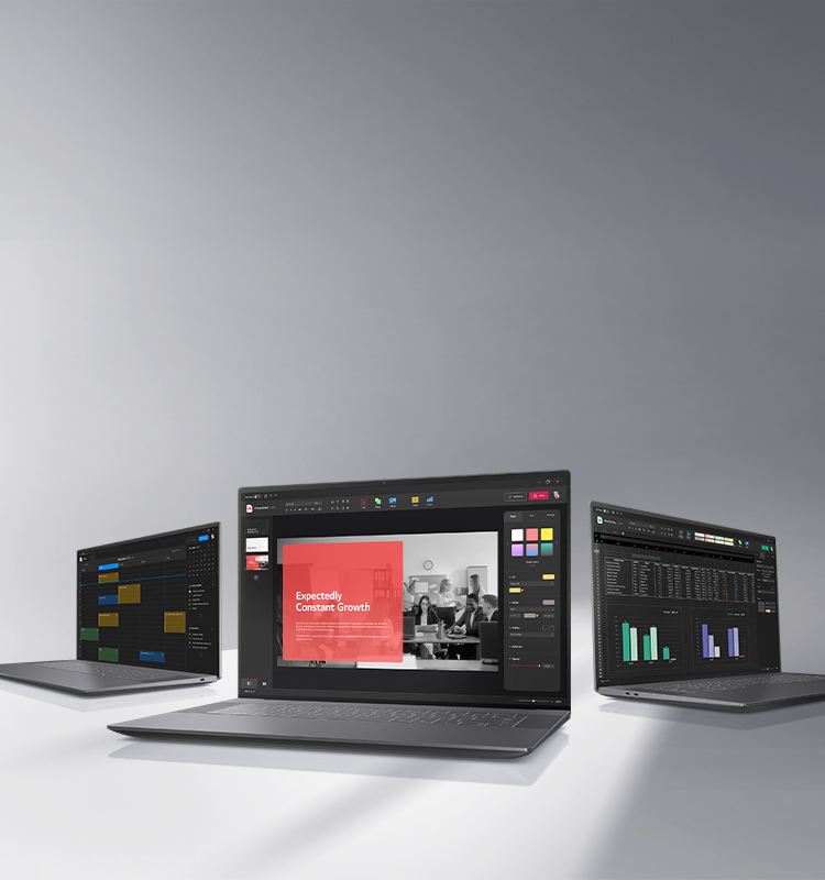 Three laptops are arranged on a gray background, showcasing their versatility for various work environments. The left laptop displays a calendar, the center one a business presentation, and the right one a spreadsheet. The top text highlights 'The Ultimate Display Solution Optimized for the Latest IT Environment.'